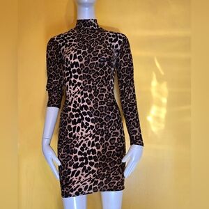 Fashion Nova Leopard Bodycon Dress Black / Brown Medium Long Sleeve